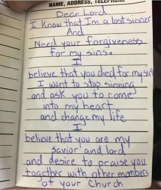 A handwritten daily prayer from one of our encounters with ex-convicts on the street