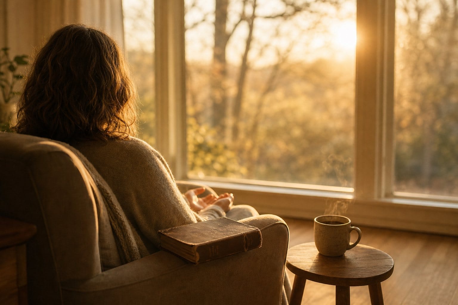 A woman sits at rest in an armchair by a window at dawn, hands open in her lap and Bible closed, learning to hear God's voice without striving
